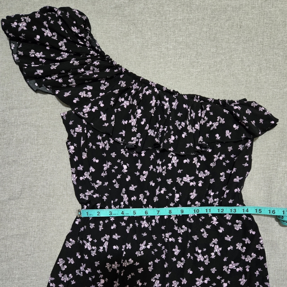 LEITH Floral One Shoulder Ruffle Asymmetric Hem Dress Black Lavender Size Medium - Picture 10 of 15